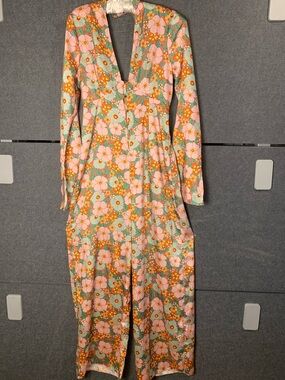 ASOS Floral V-Neck Jumpsuit in Pink, Green & Orange